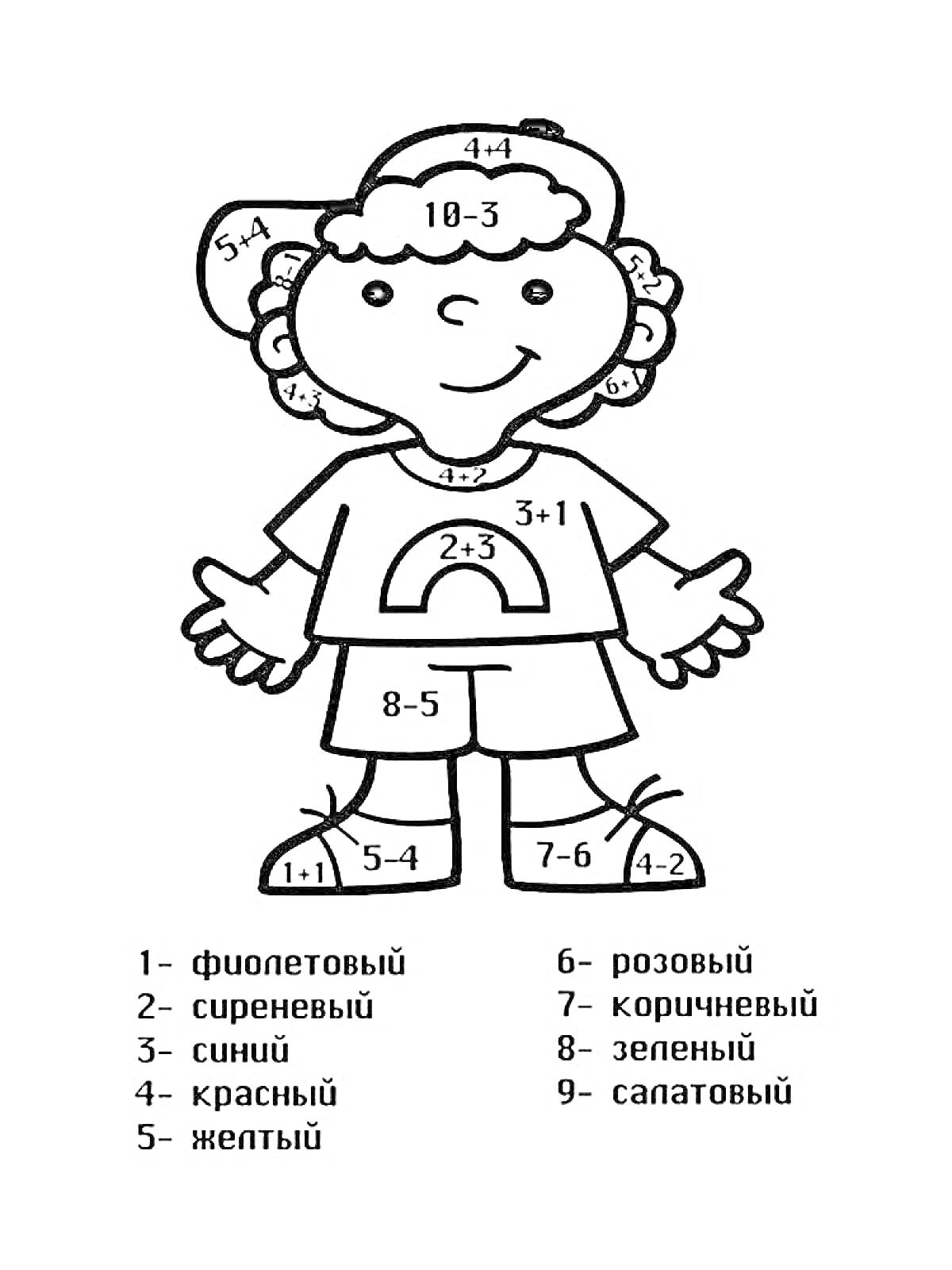 Раскраска Раскраска с примерами в пределах, на изображении ребёнок в кепке, с руками в стороны, с номерами в соответствие с примерами.