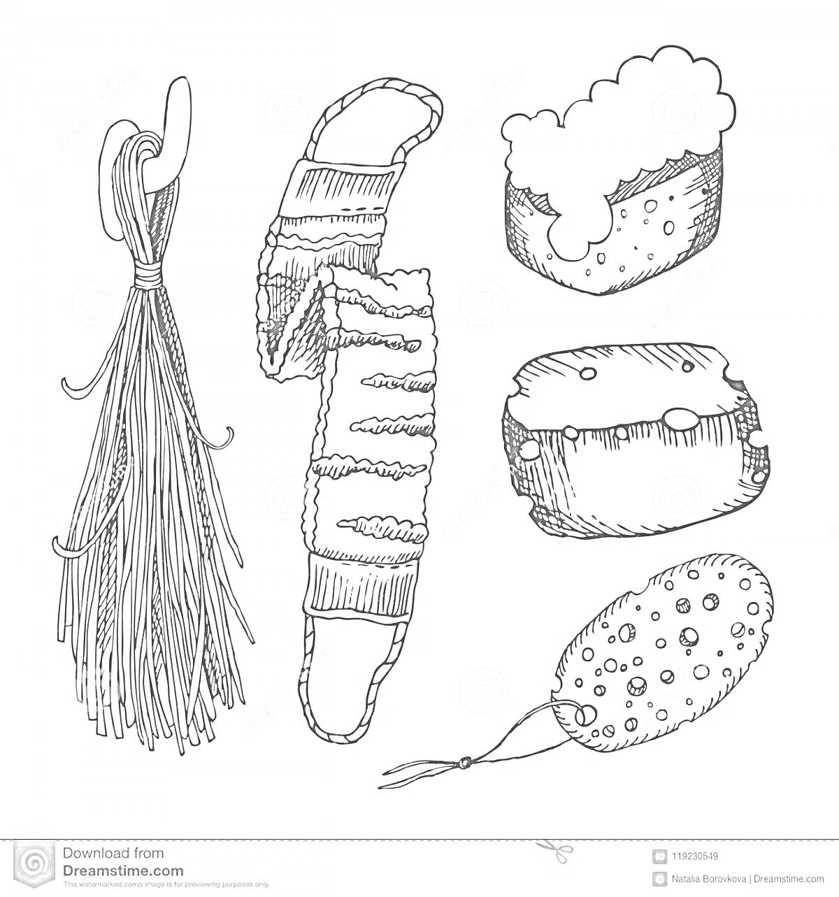 Раскраска Раскраска с банным веником, банной мочалкой на веревке, мочалкой с пеной, плоской щеткой и круглой мочалкой на веревке