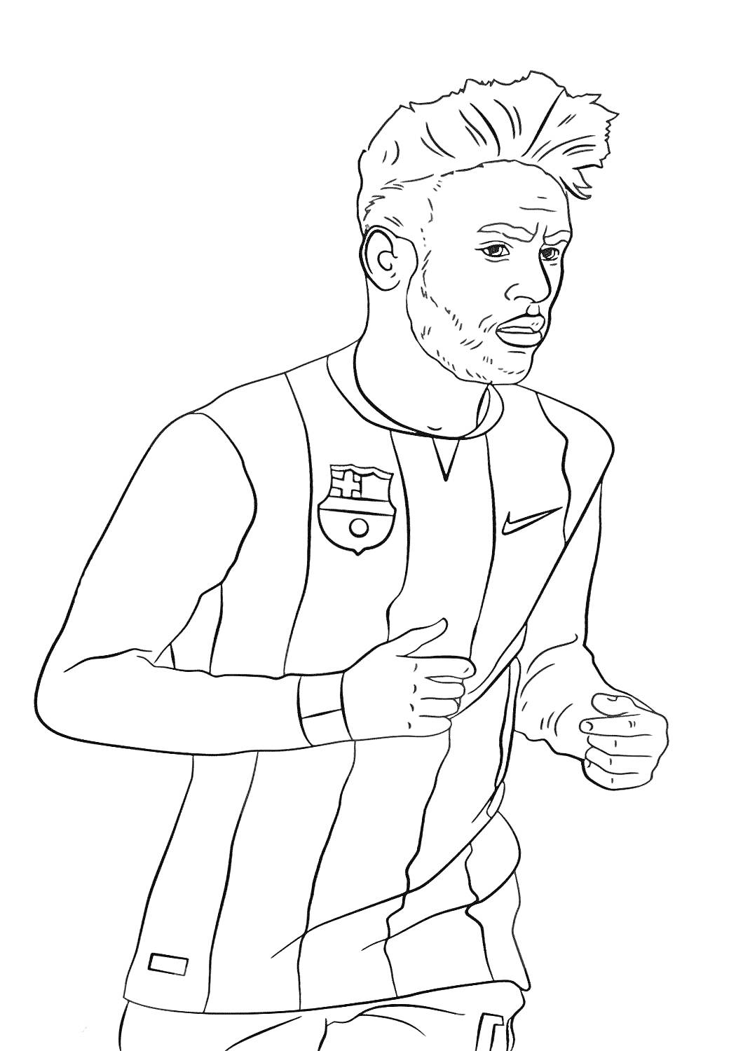 Раскраска Футболист в форме с эмблемой и логотипом на груди, бежит, короткие волосы