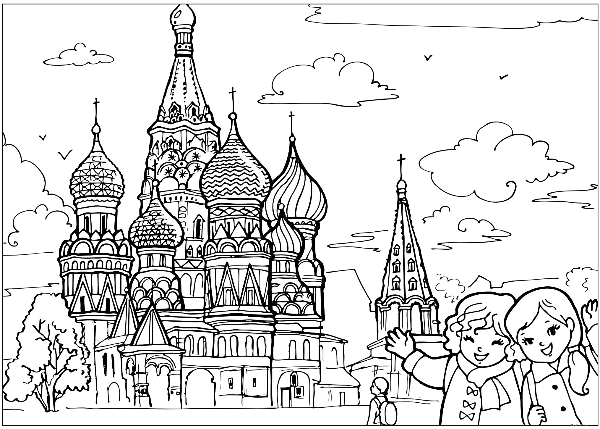Раскраска Кремль с собором Василия Блаженного и детьми на переднем плане
