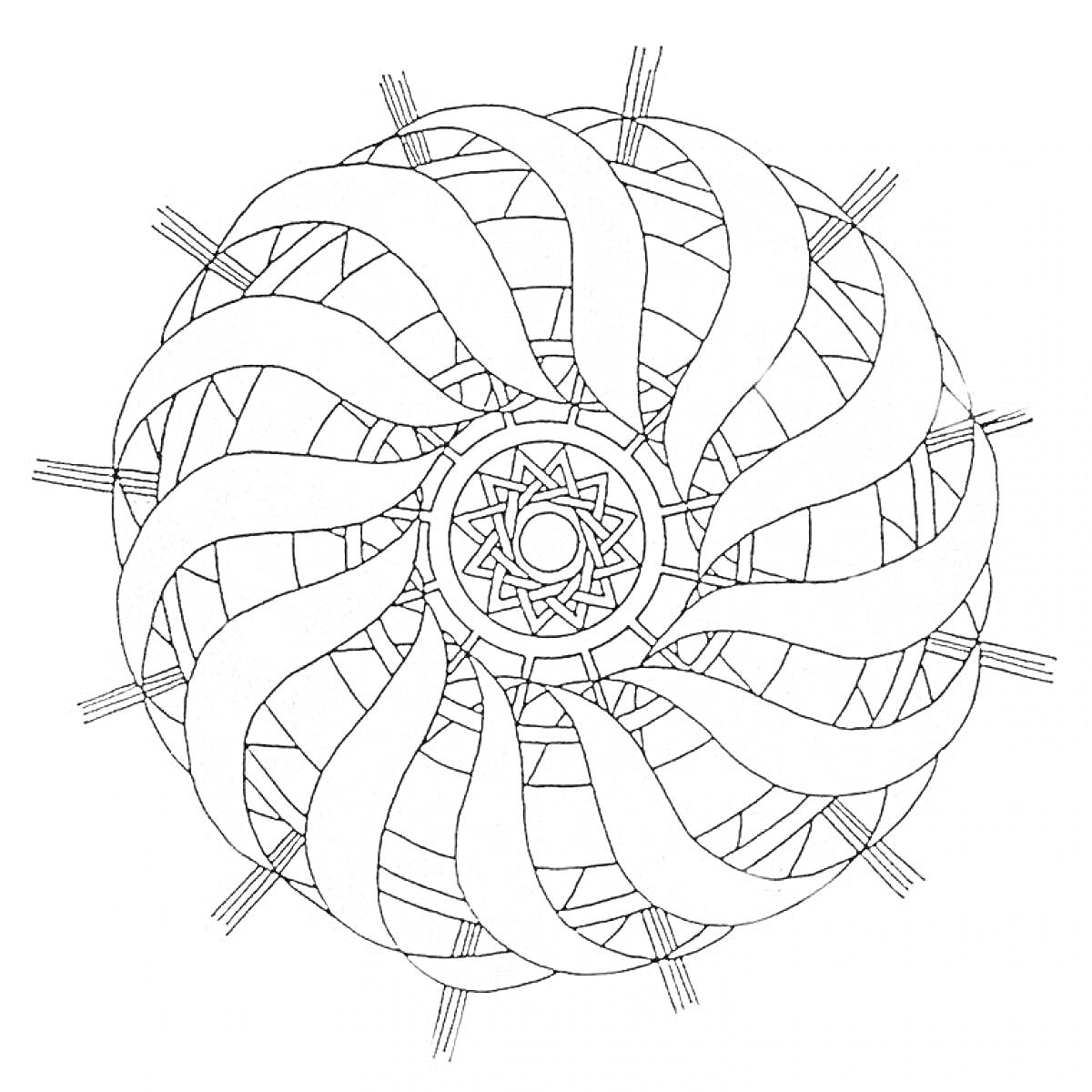 Раскраска Спиральный узор с центральной звездой, волнистыми линиями и пересекающимися лентами