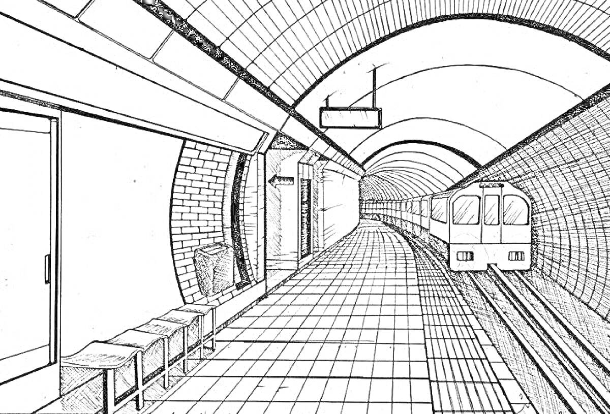 На раскраске изображено: Метро, Станция, Скамейки, Туннель, Поезд, Городской транспорт