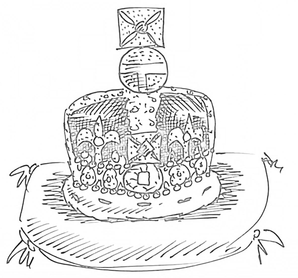 На раскраске изображено: Корона, Драгоценности, Исторический артефакт, Украшения, Крест, Подушка