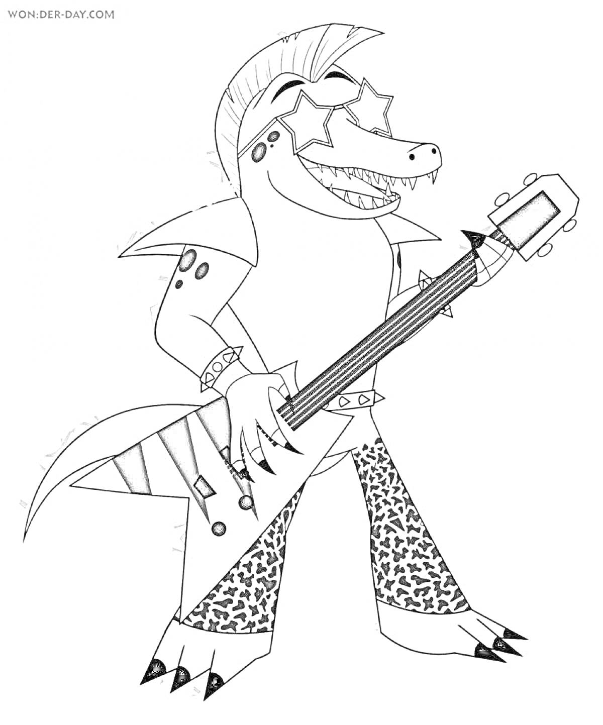 Раскраска Крокодил с гитарой в рокерском костюме и звёздных очках