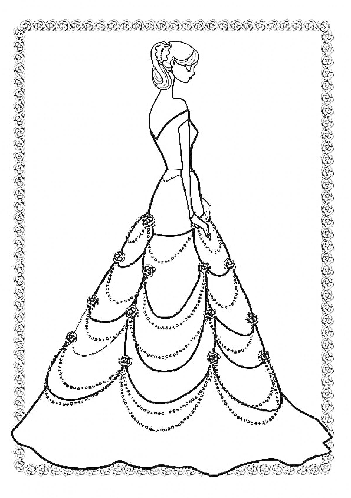 Девушка в длинном бальном платье с цепочками и цветами, в рамке с декоративным узором