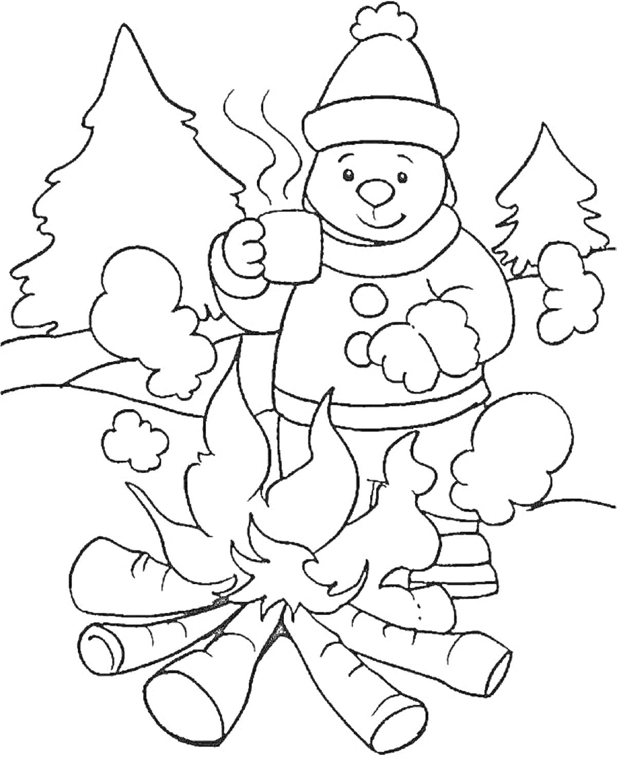 Раскраска Ребенок в зимней одежде пьет горячий напиток у костра на фоне леса
