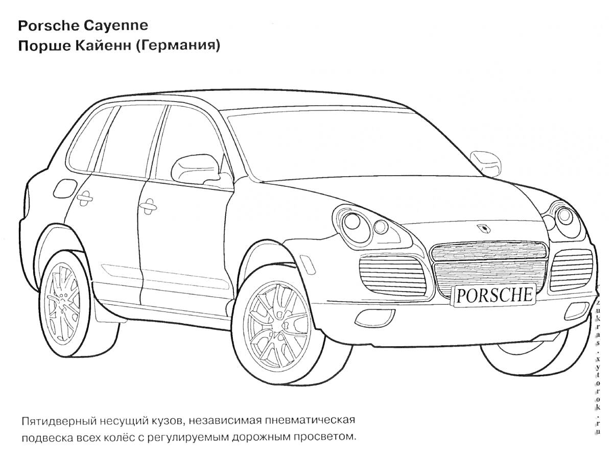 На раскраске изображено: Porsche, Cayenne, SUV, Внедорожник, Пешеходы, Германия, Транспорт, Изображения для раскрашивания