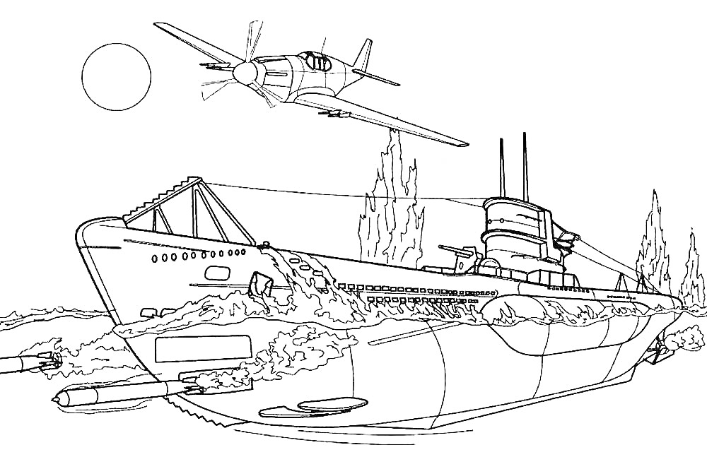 Подводная лодка с самолётом над морем