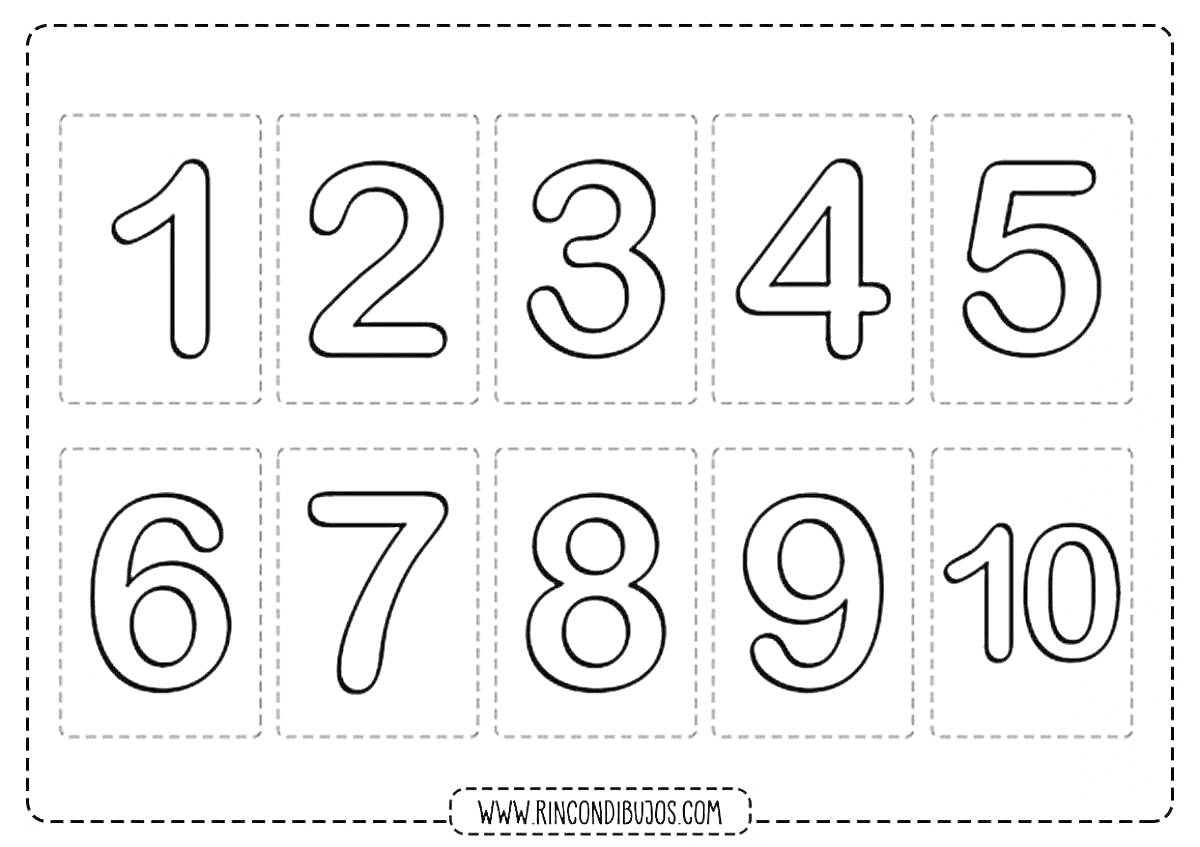 Раскраска Картинка-раскраска с цифрами от 1 до 10, пронумерованными в порядке возрастания, каждой цифре соответствует отдельный квадрат.
