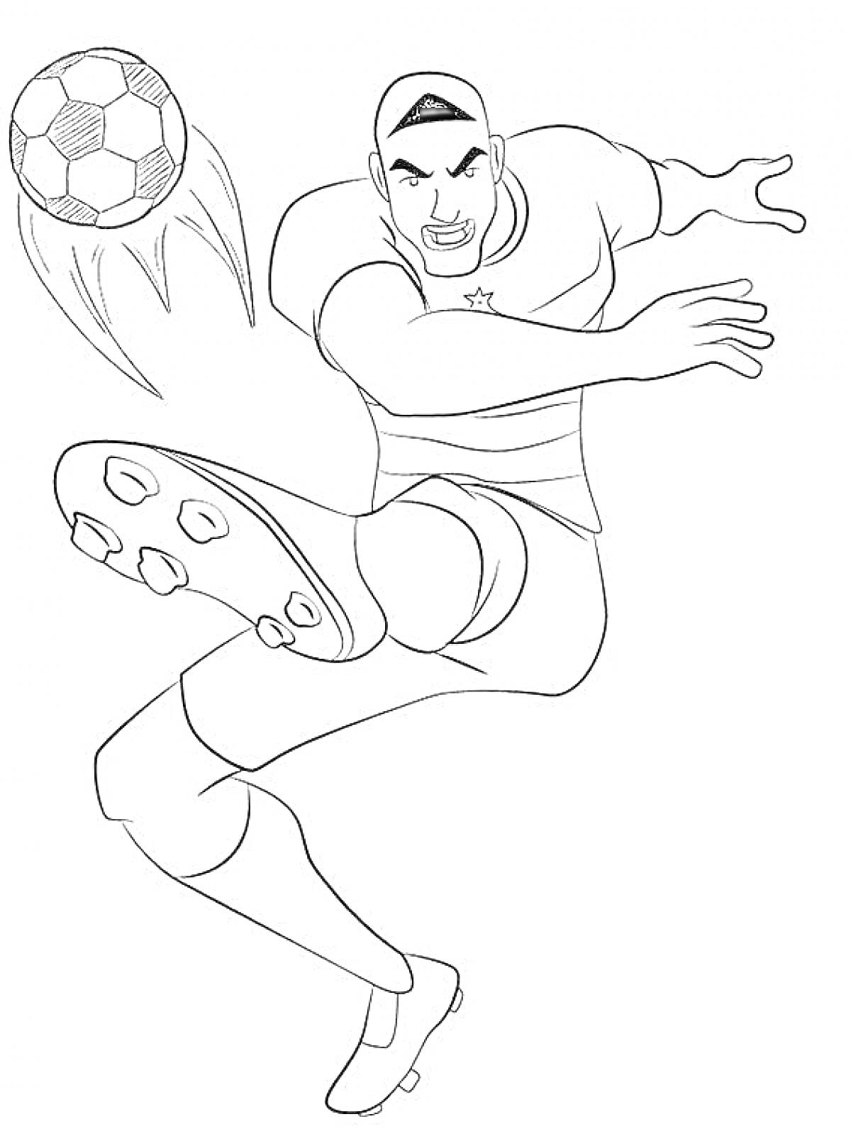 Раскраска Футболист в броске с мячом, со звездой на майке