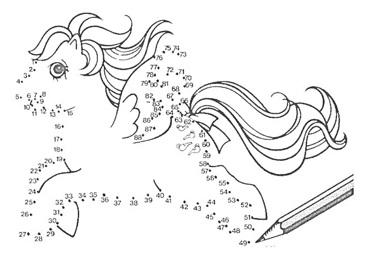 Раскраска Пони с длинной гривой и хвостом, крылья на спине, карандаш