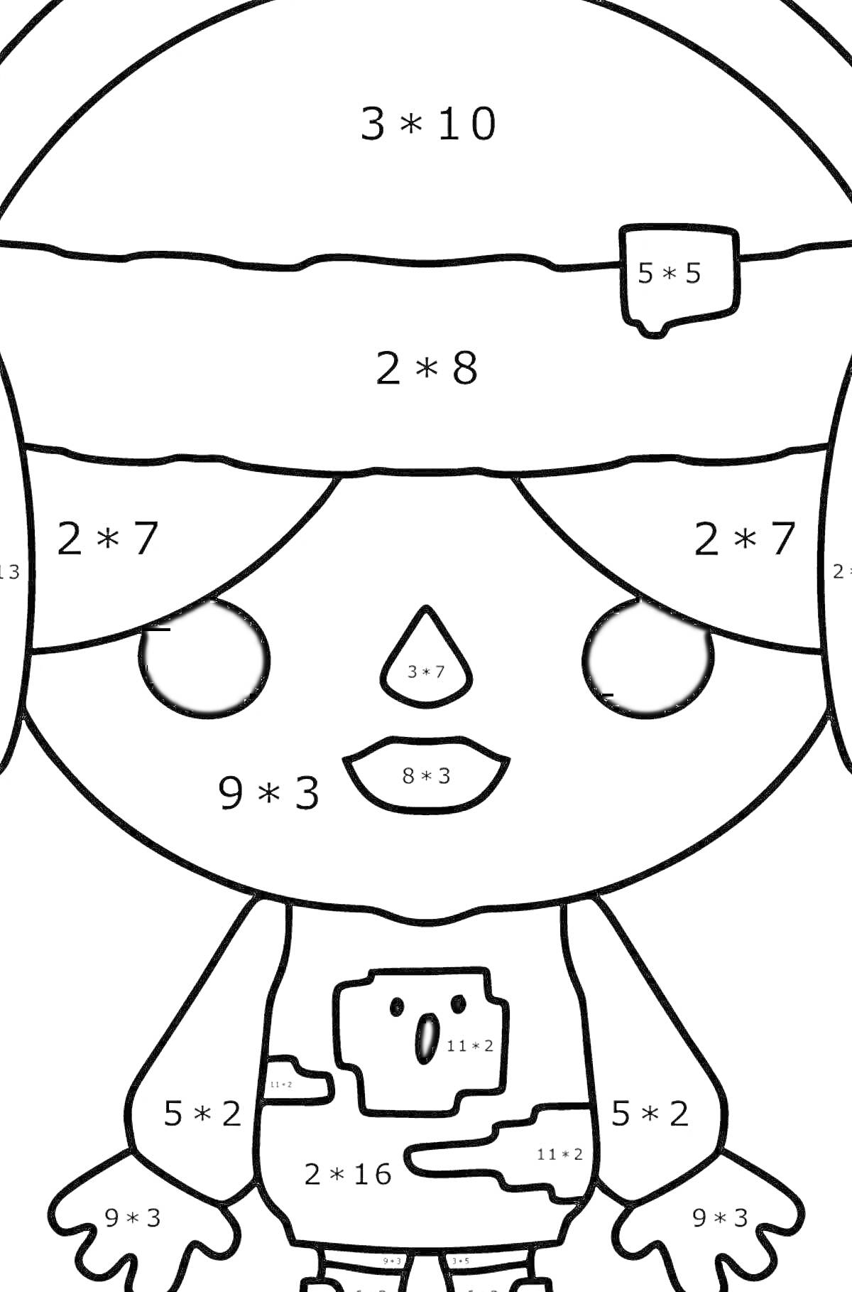 Раскраска Персонаж в кепке с черепом, в шортах. Примеры умножения и сложения.