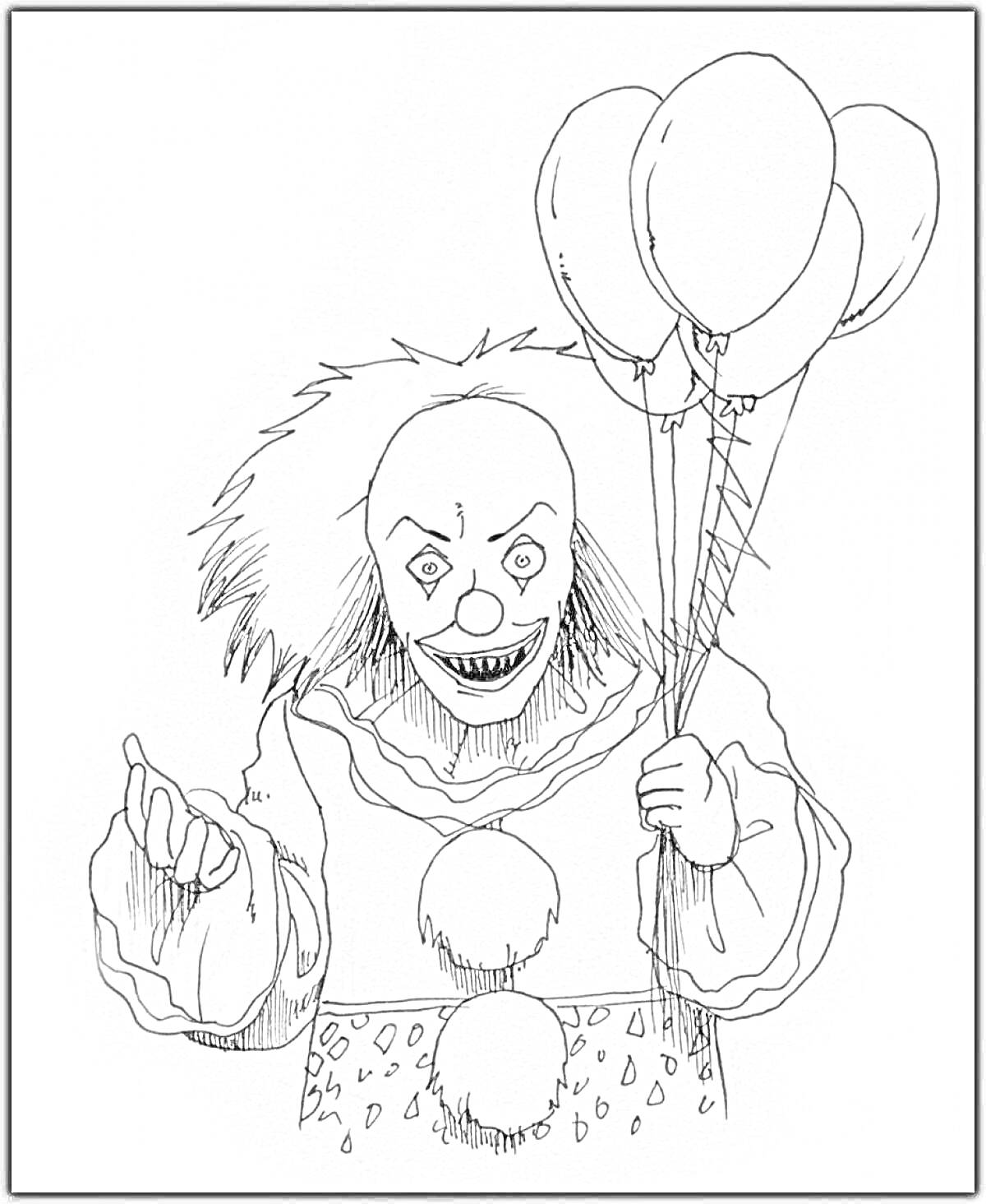 Раскраска Клоун с шарами, улыбающийся, указывающий пальцем, с пушистыми волосами и большим носом