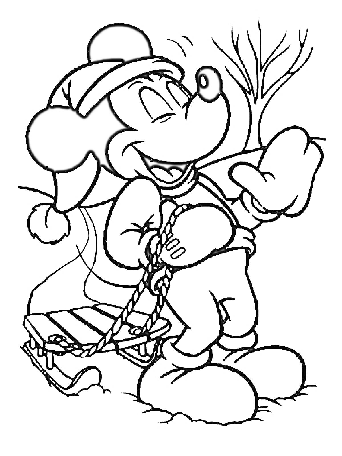 Раскраска Микки Маус с санками в зимней одежде