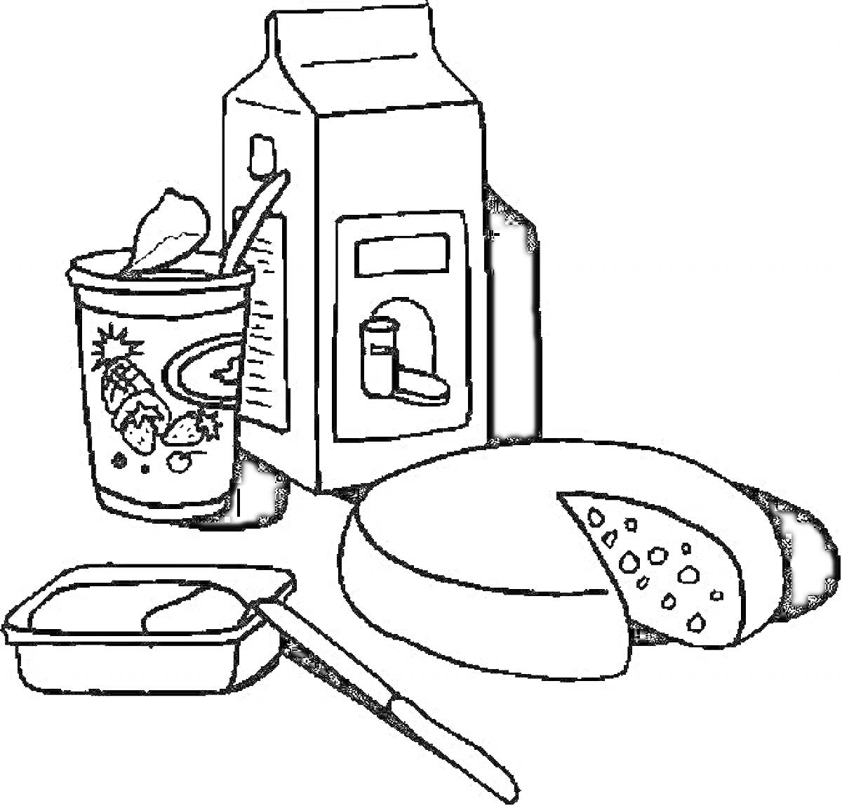 На раскраске изображено: Молоко, Йогурт, Сыр, Масло, Продукты, Еда, Кулинария
