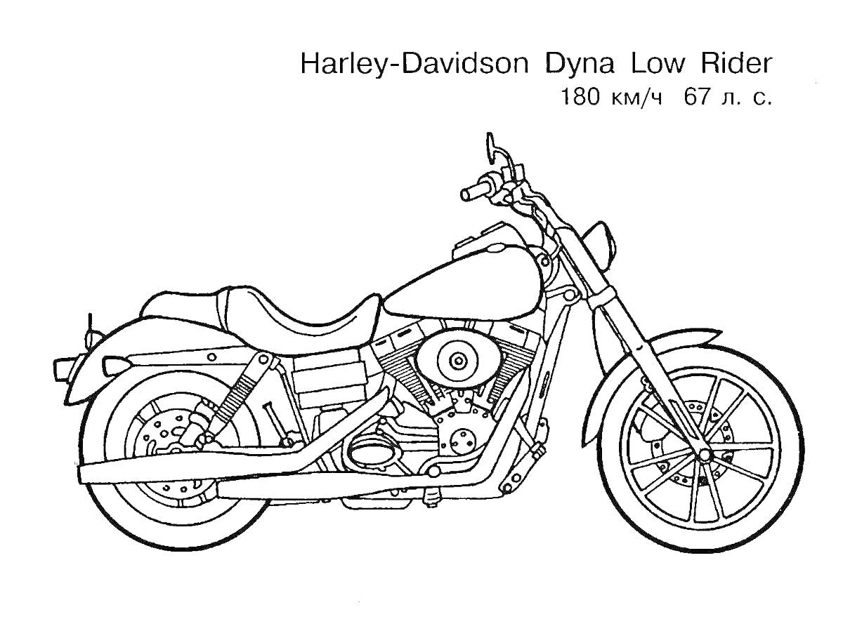 Раскраска Harley-Davidson Dyna Low Rider, мотоцикл, 180 км/ч, 67 л.с.