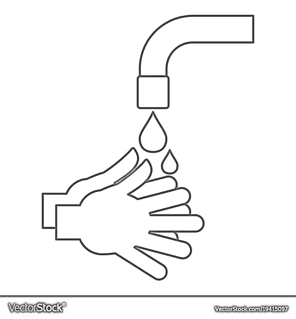 На раскраске изображено: Мытье рук, Вода, Кран, Гигиена, Чистота, Руки, Здоровье, Капли