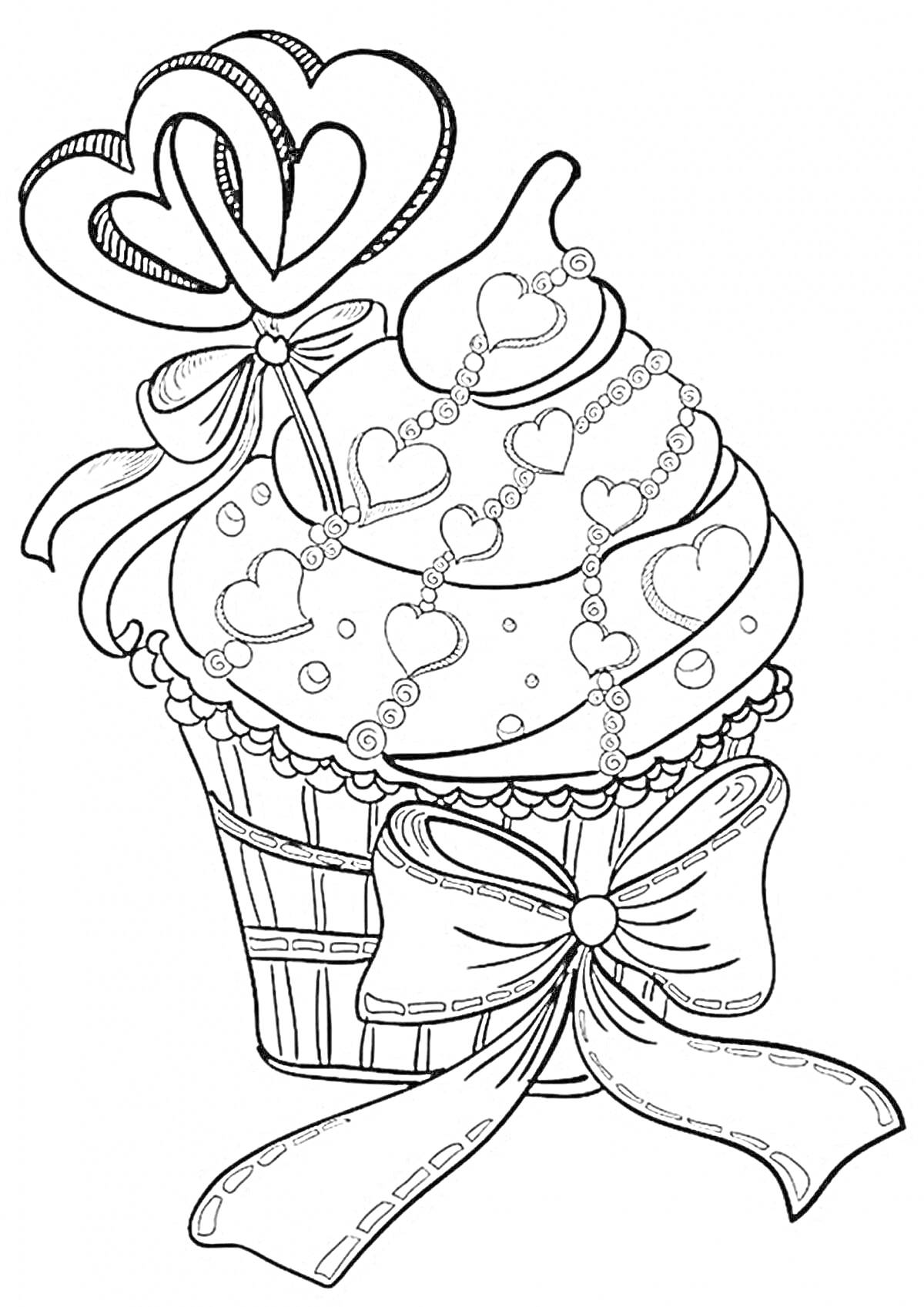 Раскраска Кекс с леденцом в форме сердца, бантами и украшениями в виде сердец и бусинок