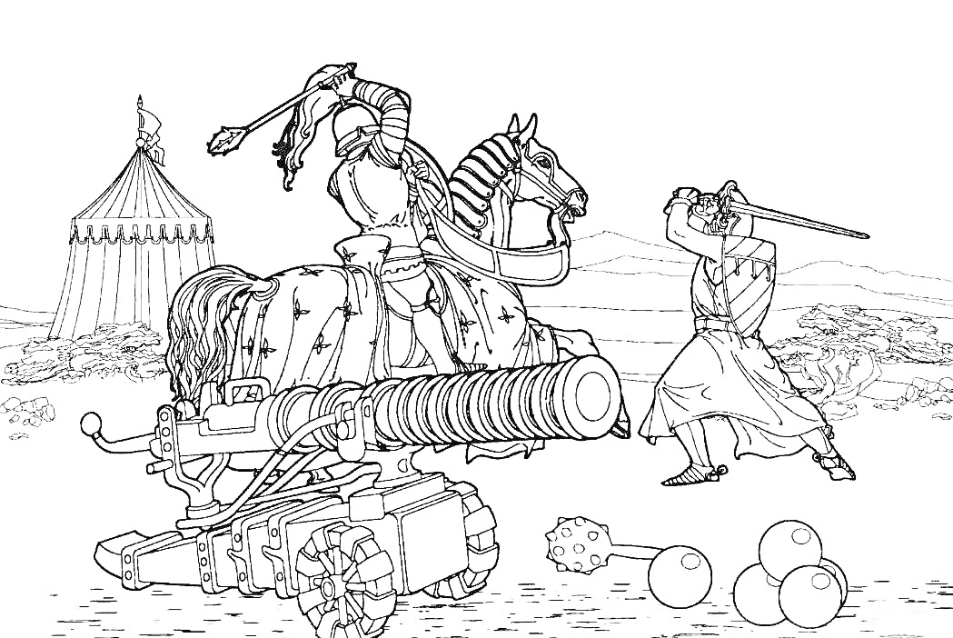Раскраска Рыцарская битва у катапульты - два рыцаря сражаются, один на коне, другой с мечом, катапульта на переднем плане, булавы и ядра, шатёр на заднем плане