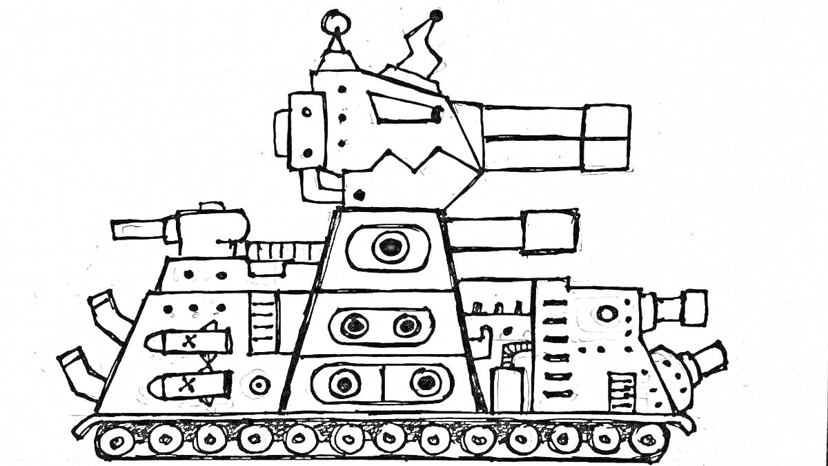 На раскраске изображено: Танк, Геранд, Пушка, Флаг, Гусеницы, Военная техника, Оружие, Детали