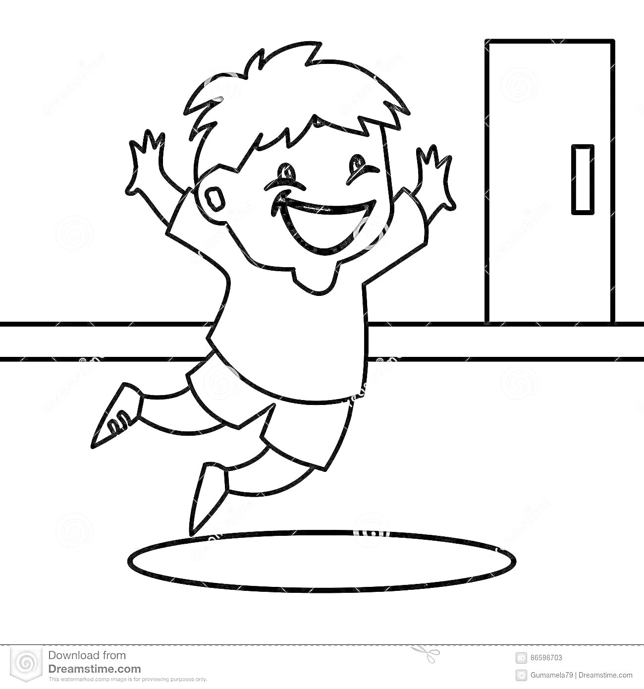 Раскраска мальчик прыгает, овальный ковер, дверь, стена