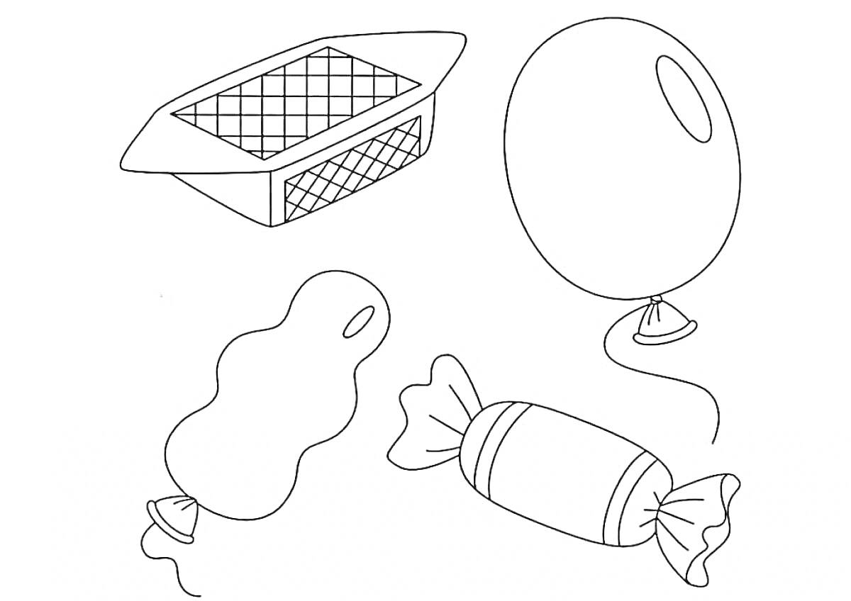 На раскраске изображено: Корзина, Конфеты, Воздушные шары, Сладости, Детские развлечения