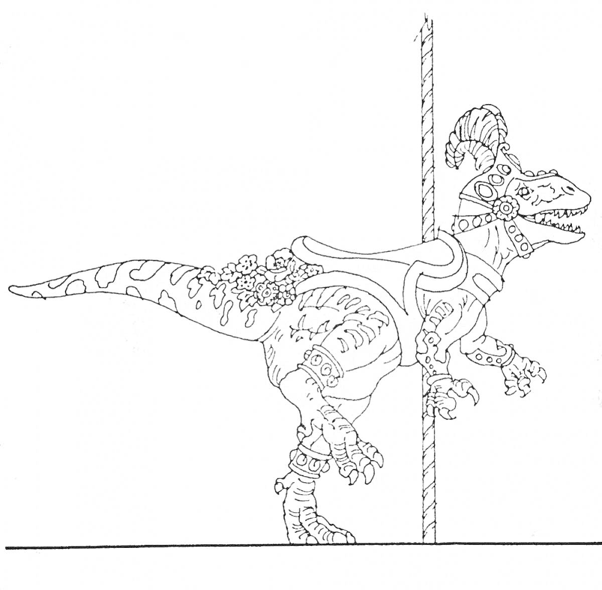 На раскраске изображено: Динозавр, Доспехи, Узоры, Цветы, Шляпа с пером