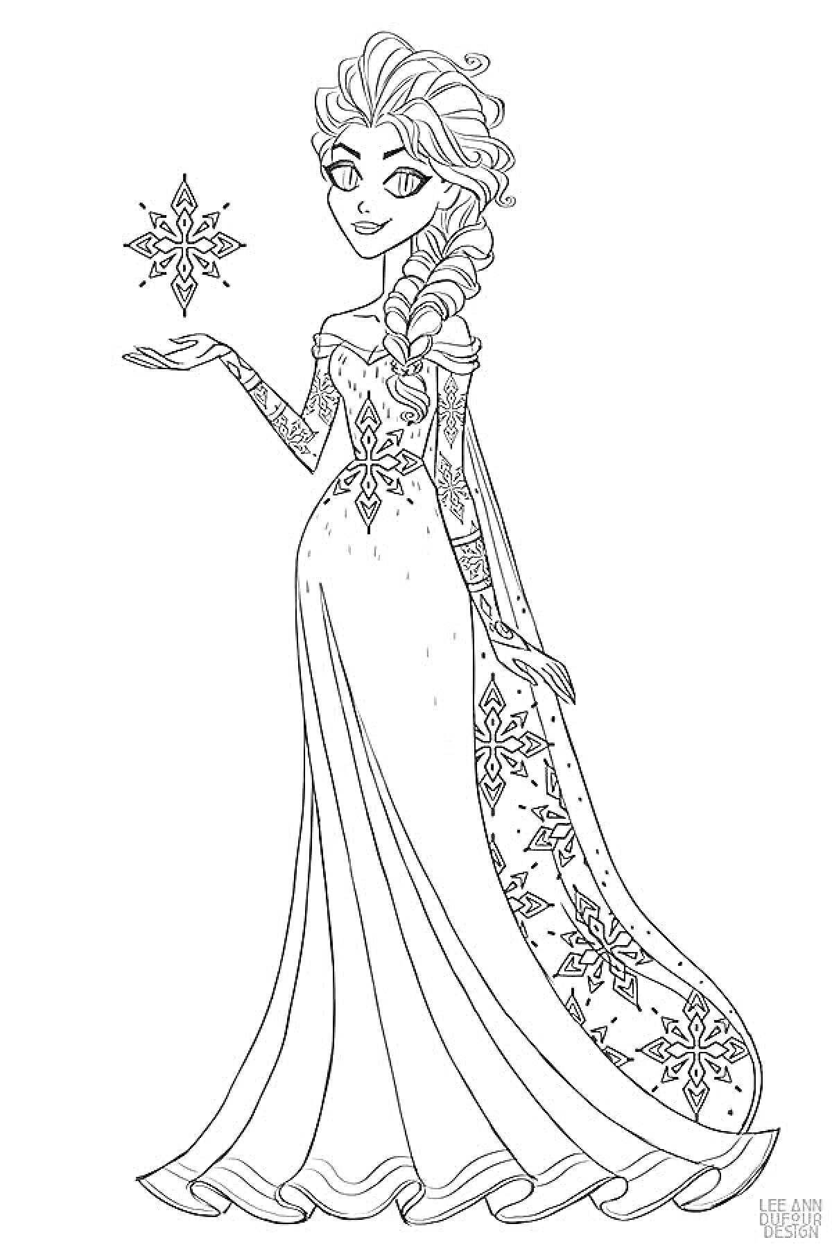 Раскраска Принцесса Диснея с длинной косой и снежинкой в элегантном платье с узорами