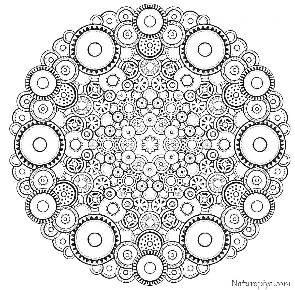 На раскраске изображено: Мандала, Антистресс, Медитация, Узоры, Симметрия, Круги, Расслабление, Арт-терапия, Концентрация
