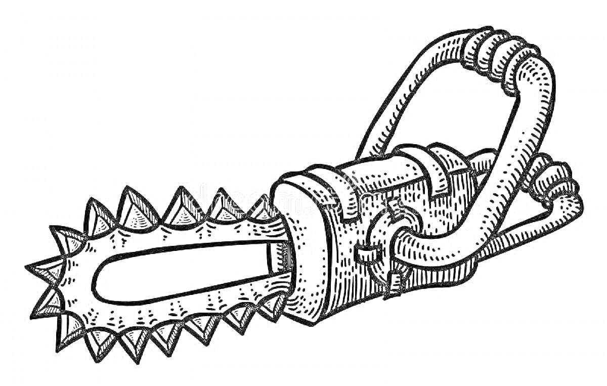 На раскраске изображено: Бензопила, Шипы, Ручка, Зажимы, Инструмент