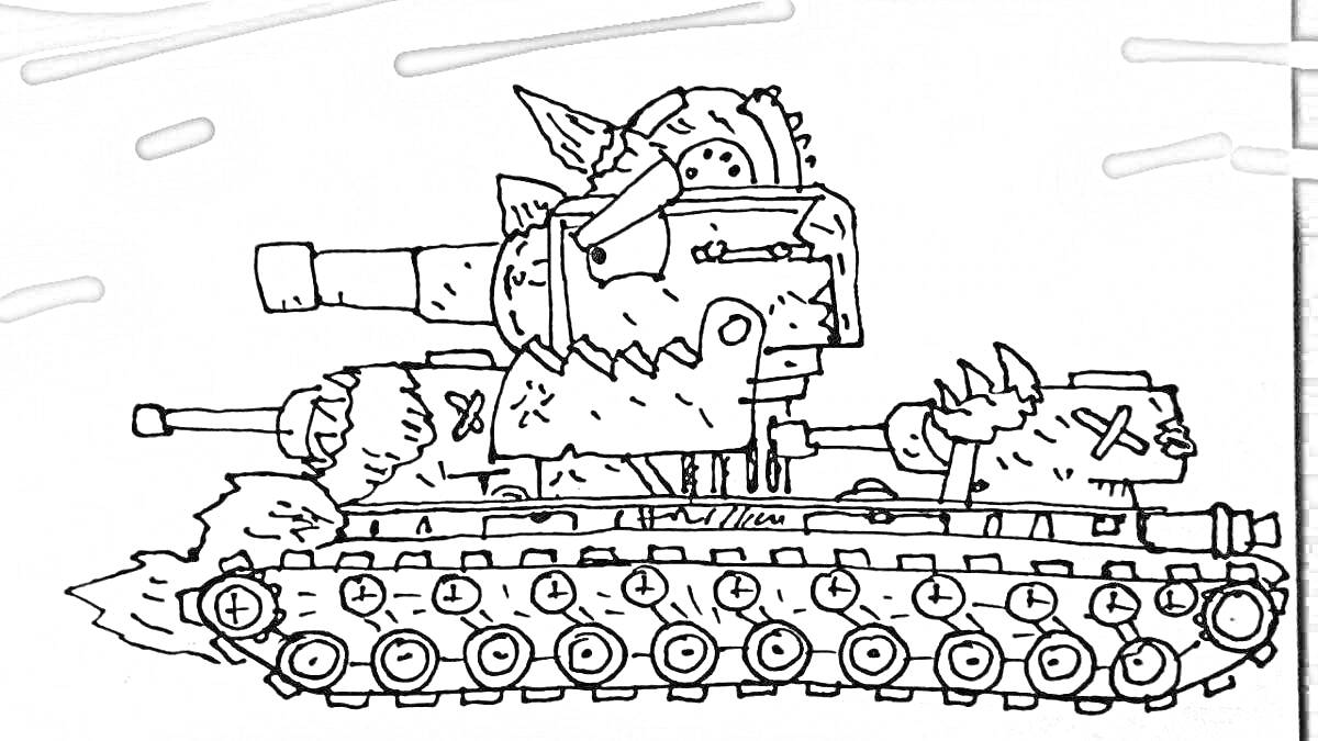Анимационный танк с пушками, шестерёнками и зубцами, изображенное на фоне с облаками и дорогой