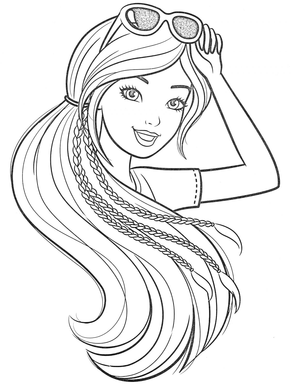 Раскраска Девочка с длинными волосами, солнцезащитными очками и косичками