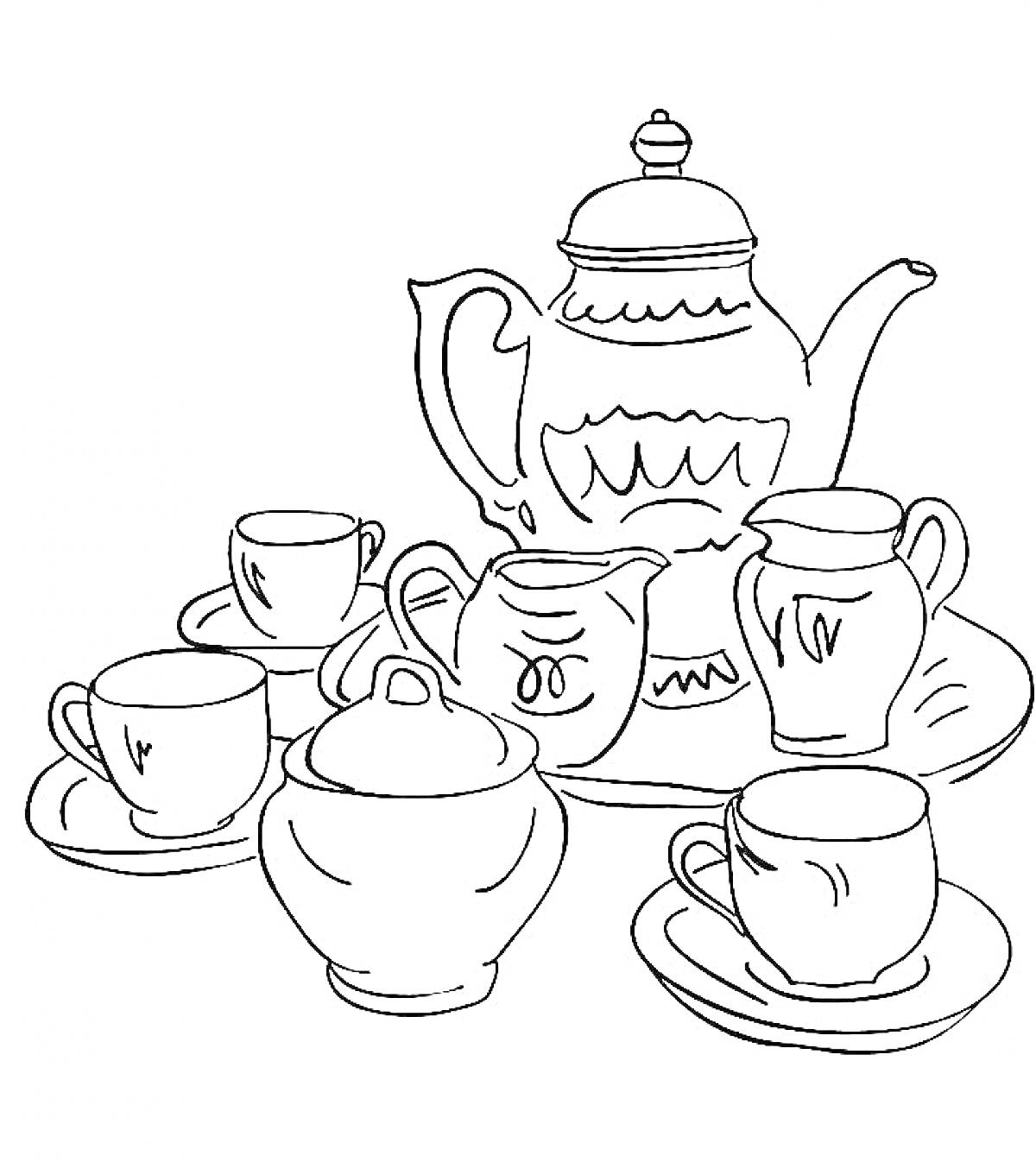 Раскраска Набор посуды: чайник, четыре чашки с блюдцами, сахарница, два молочника
