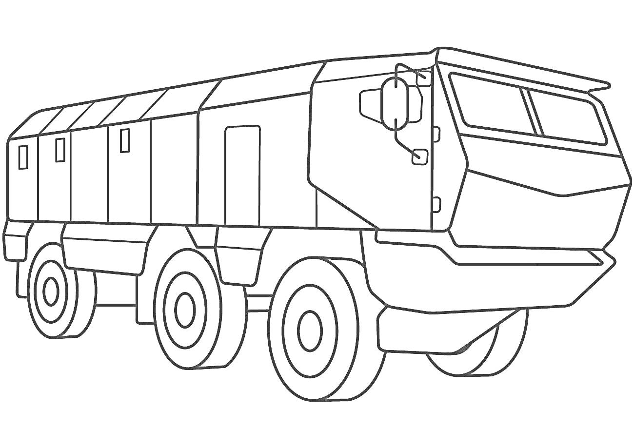 На раскраске изображено: Военная техника, Шесть колес, Транспорт, Армия, Грузовая машина