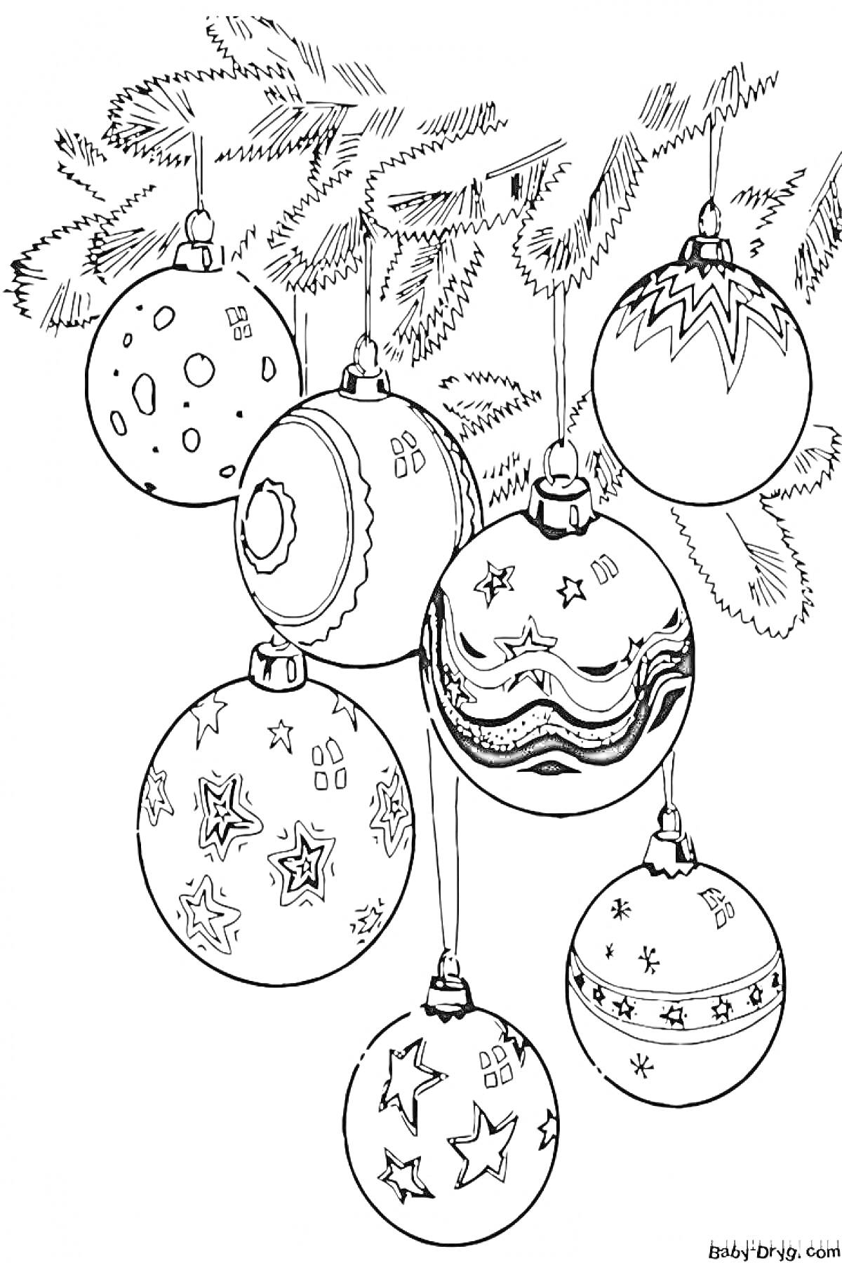 На раскраске изображено: Ёлочные игрушки, Новогодние шары, Украшения, Зима, Новый год