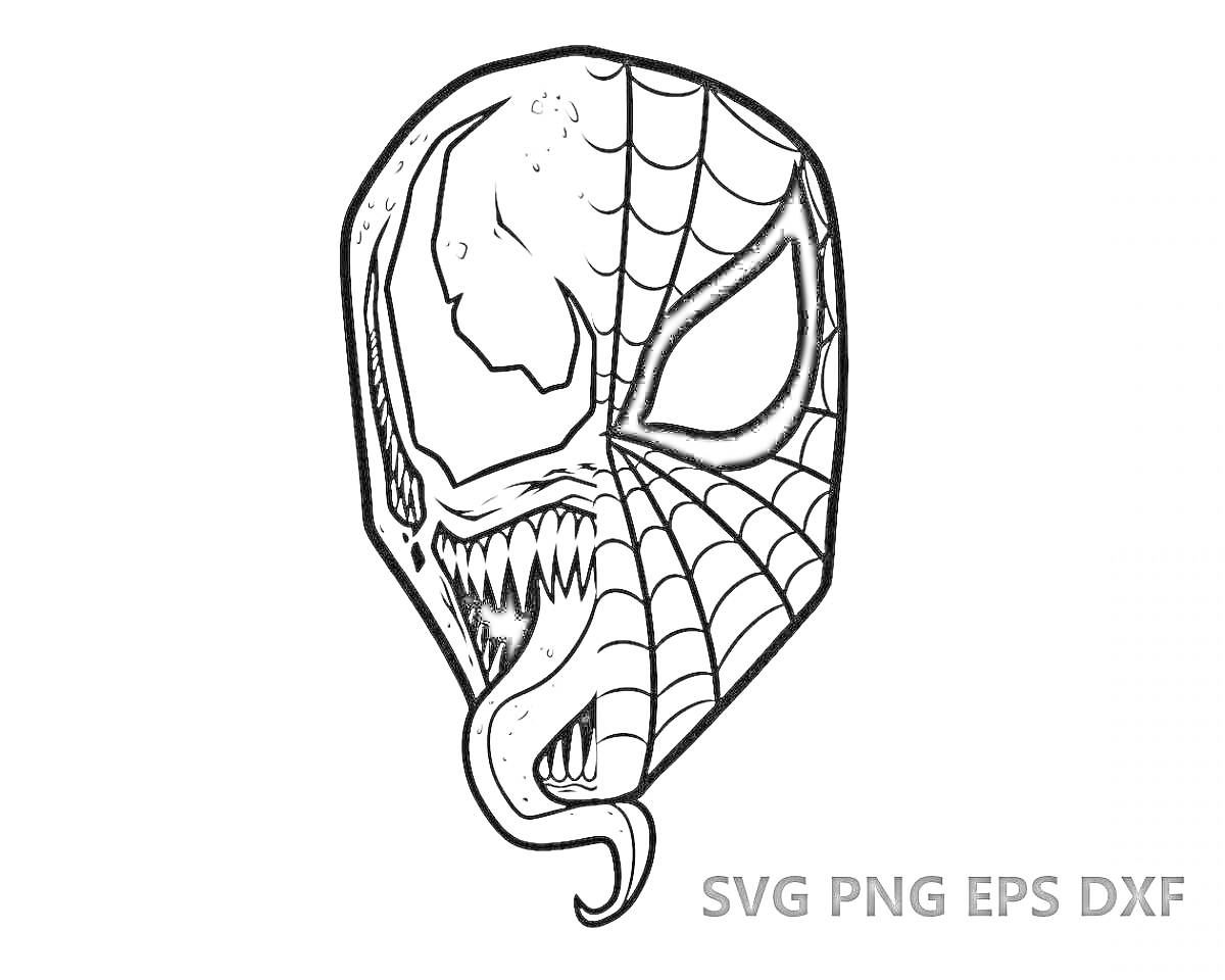 Раскраска Человек-Паук злой, разделенное лицо маски Человека-Паука с половиной лица монстра с острыми зубами и длинным языком.