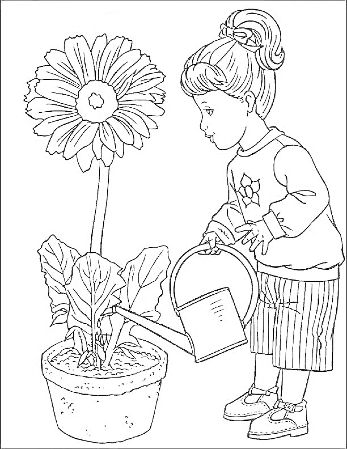 На раскраске изображено: Уход за растениями, Девочка, Полив, Комната, Крупный цветок, Лейка, Листья