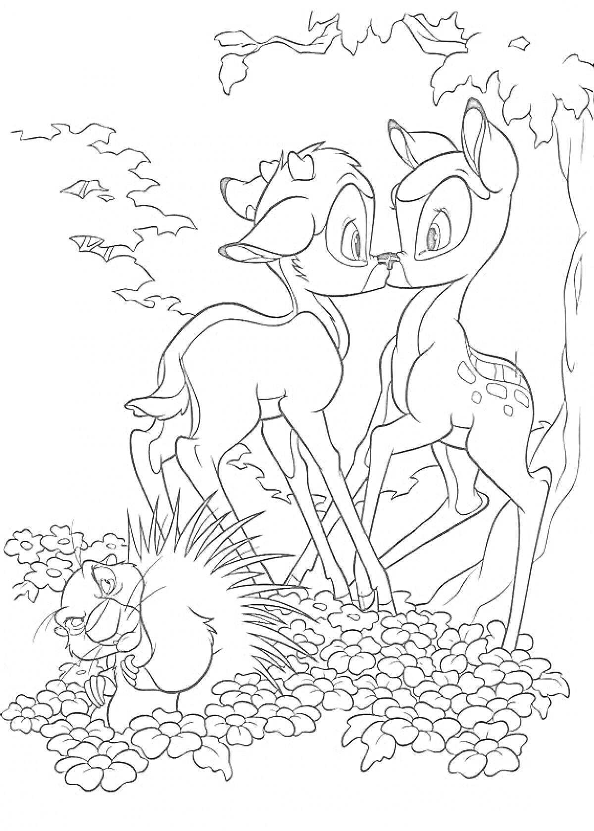 Раскраска Бэмби и его друг среди леса, с енотом на поляне