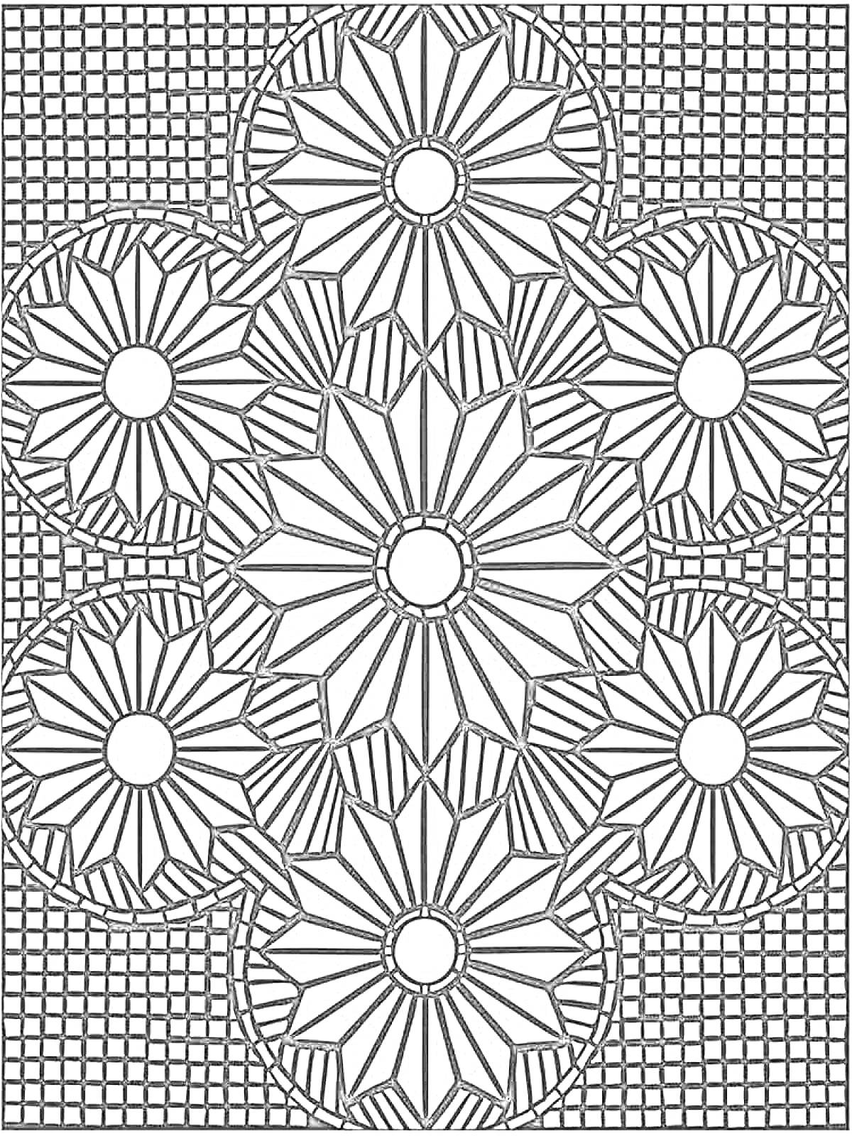 Раскраска Мозаика антистресс с цветами и геометрическими узорами