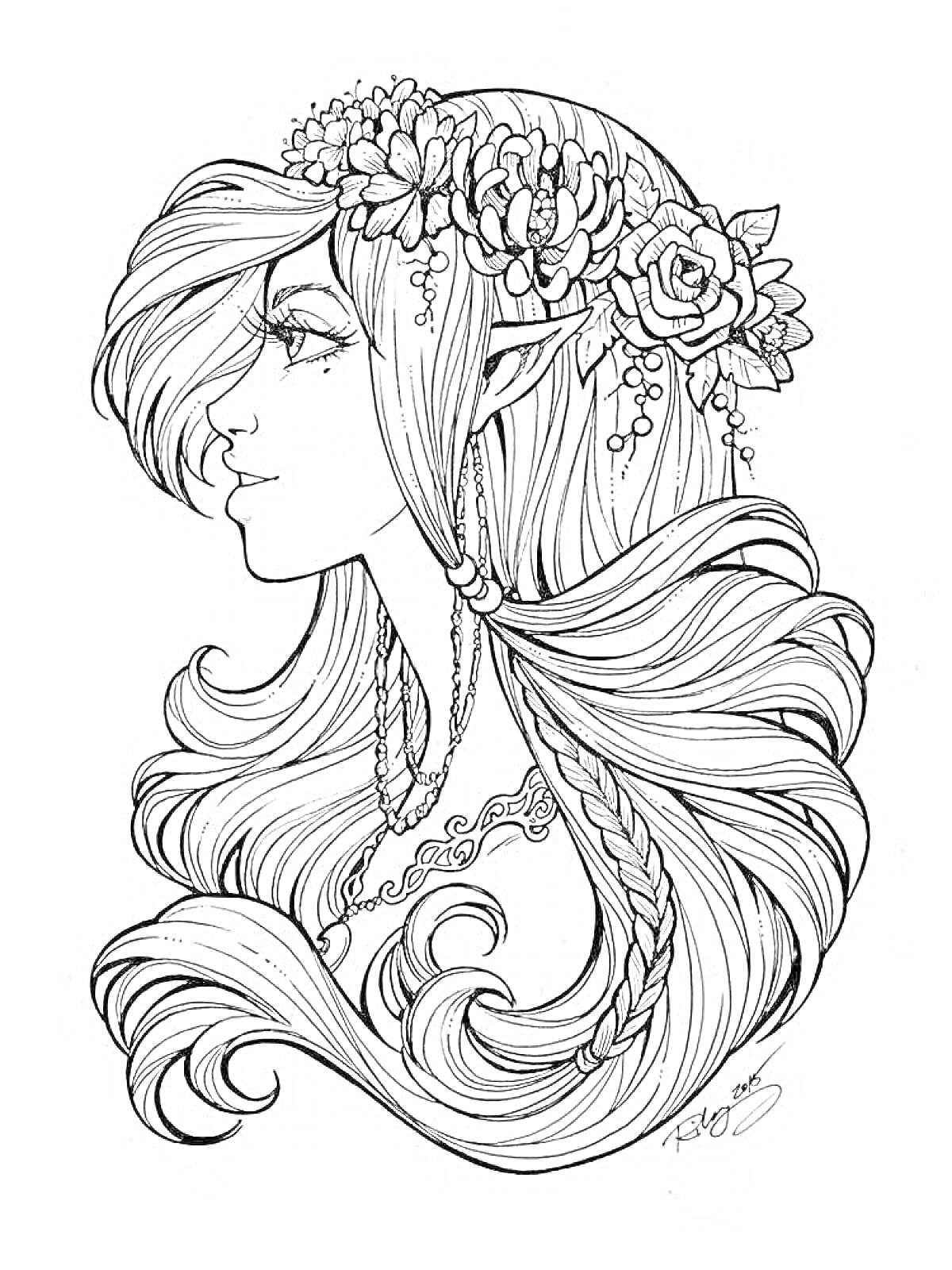 На раскраске изображено: Девочка, Длинные волосы, Волнистые волосы, Цветочная корона, Эльфийские уши, Уши