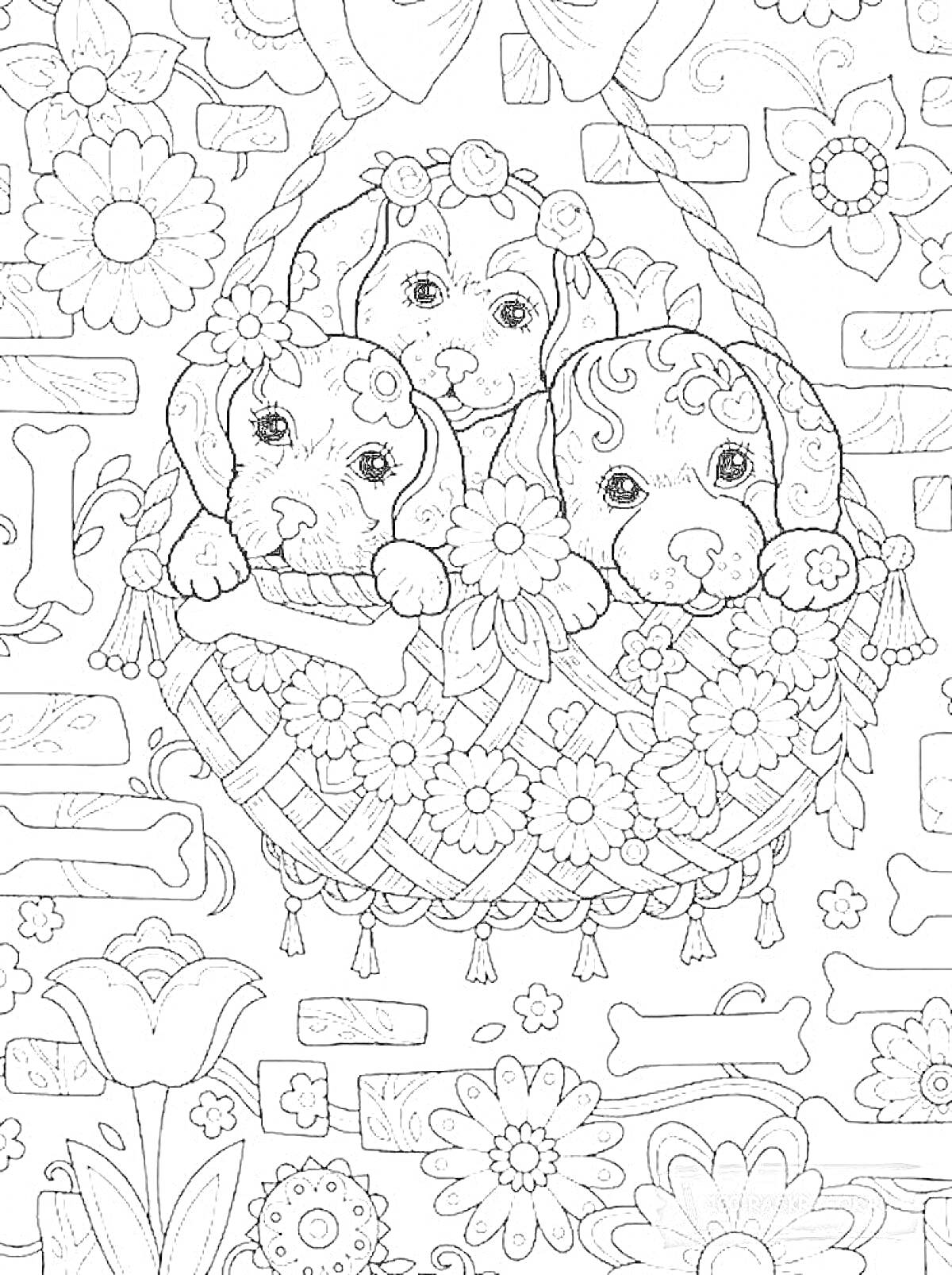 Раскраска Три щенка в цветочной корзине на фоне с цветами и косточками