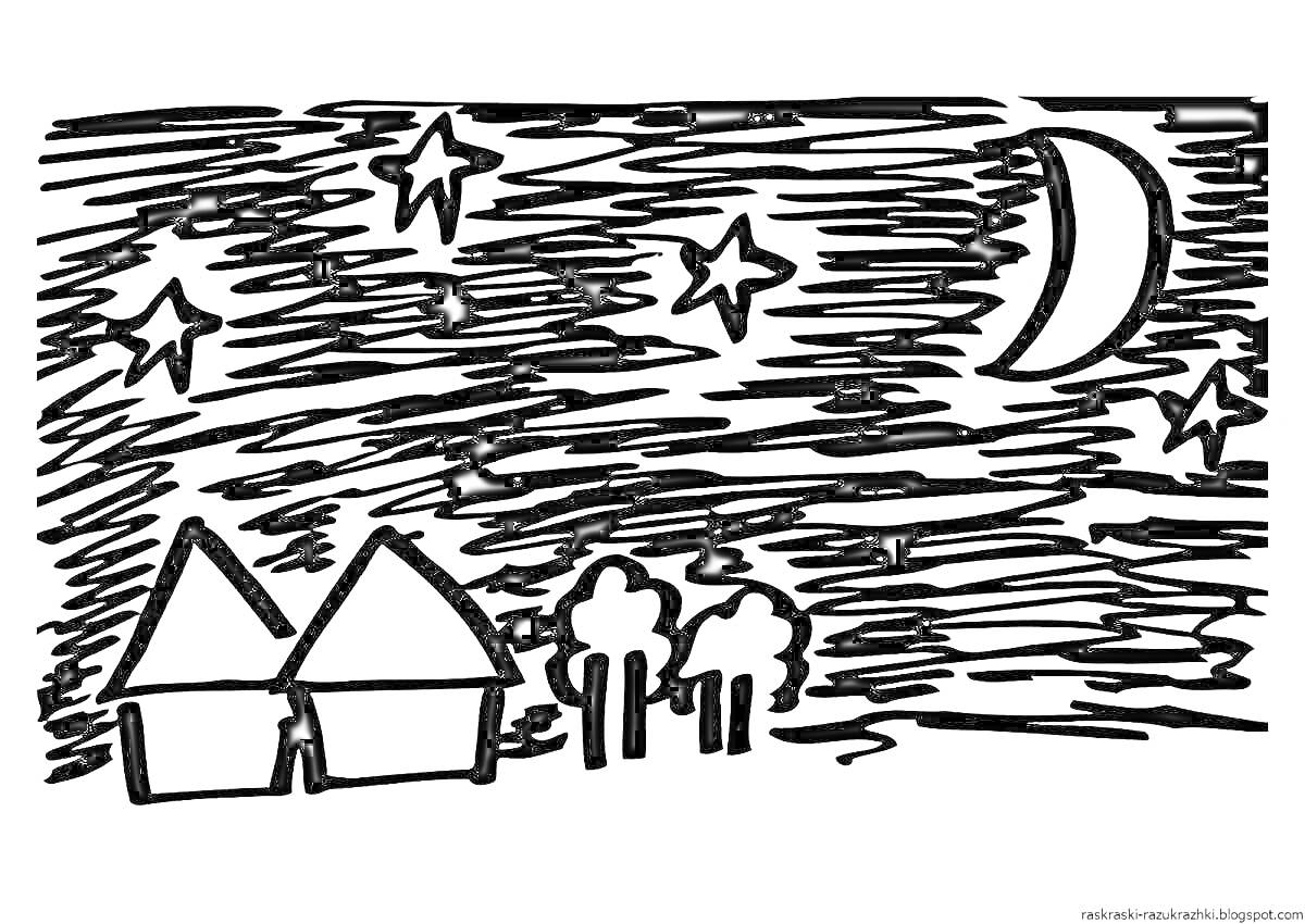 На раскраске изображено: Ночь, Звезды, Луна, Деревья, Деревня, Дом