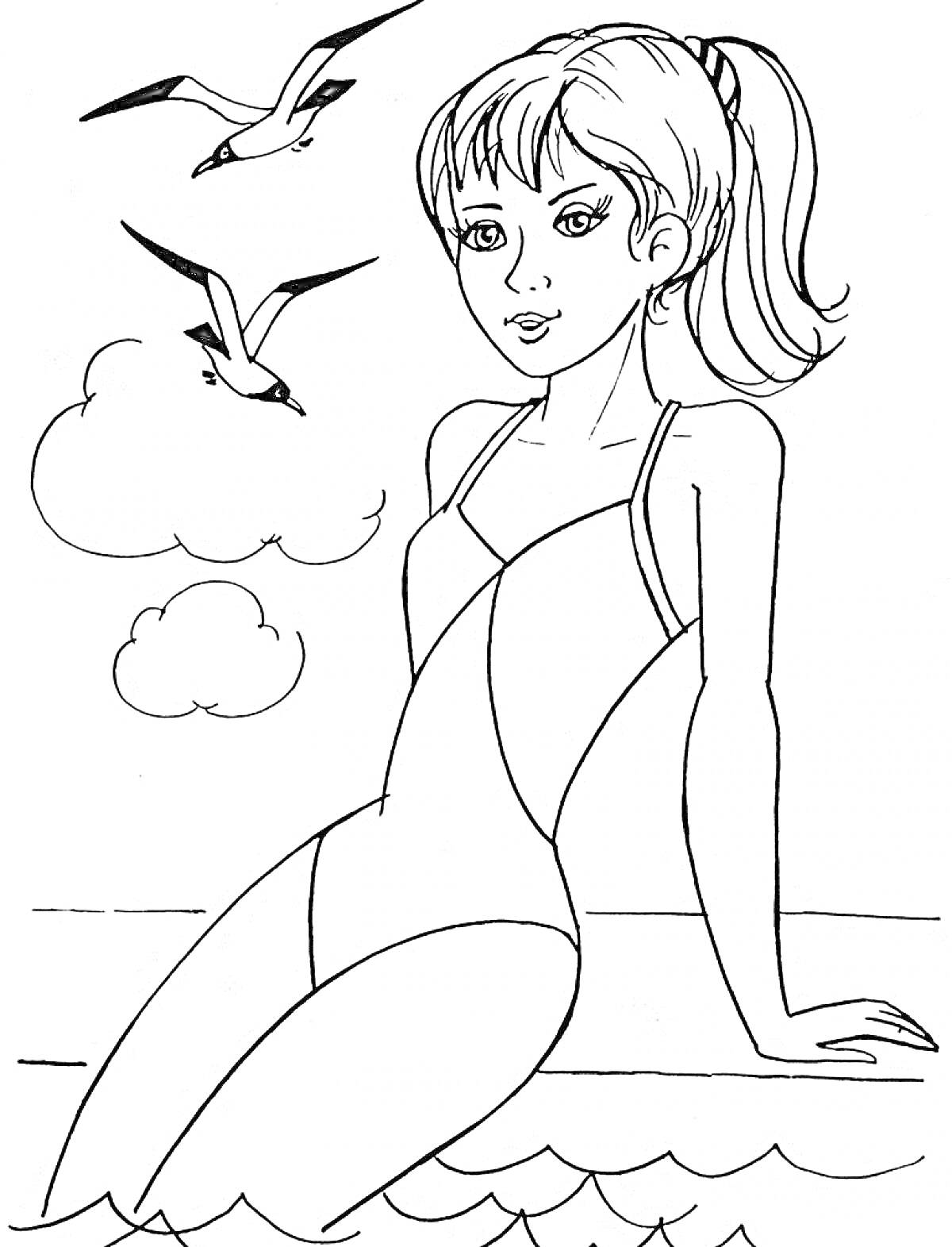 Раскраска Девушка на пляже с чайками