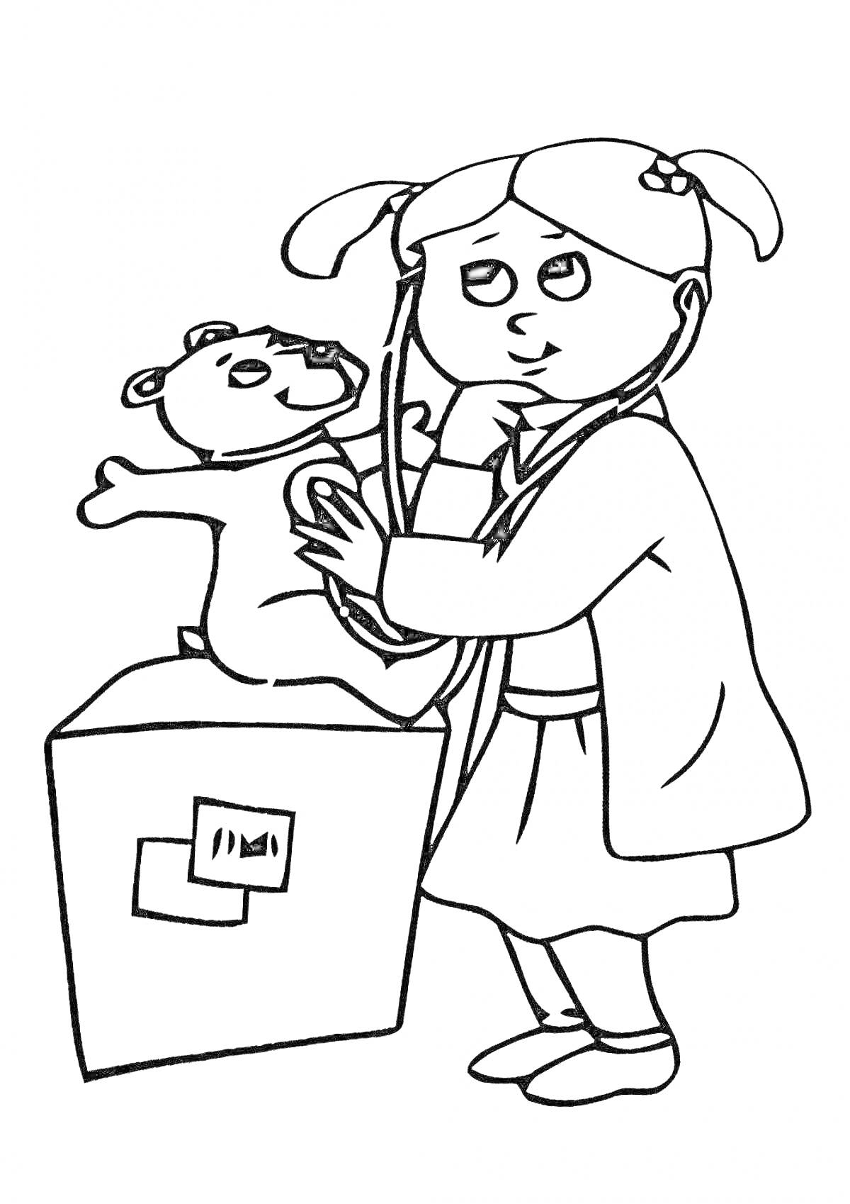 Раскраска девочка-медсестра с пучками и халатом прослушивает плюшевого медведя с помощью стетоскопа, медвежонок сидит на столе