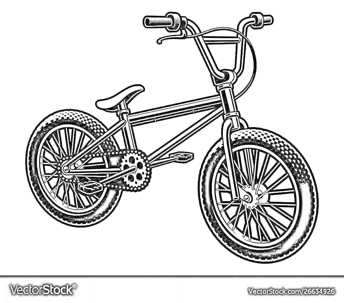 Раскраска Велосипед BMX с рулем, седлом, цепью и шинами
