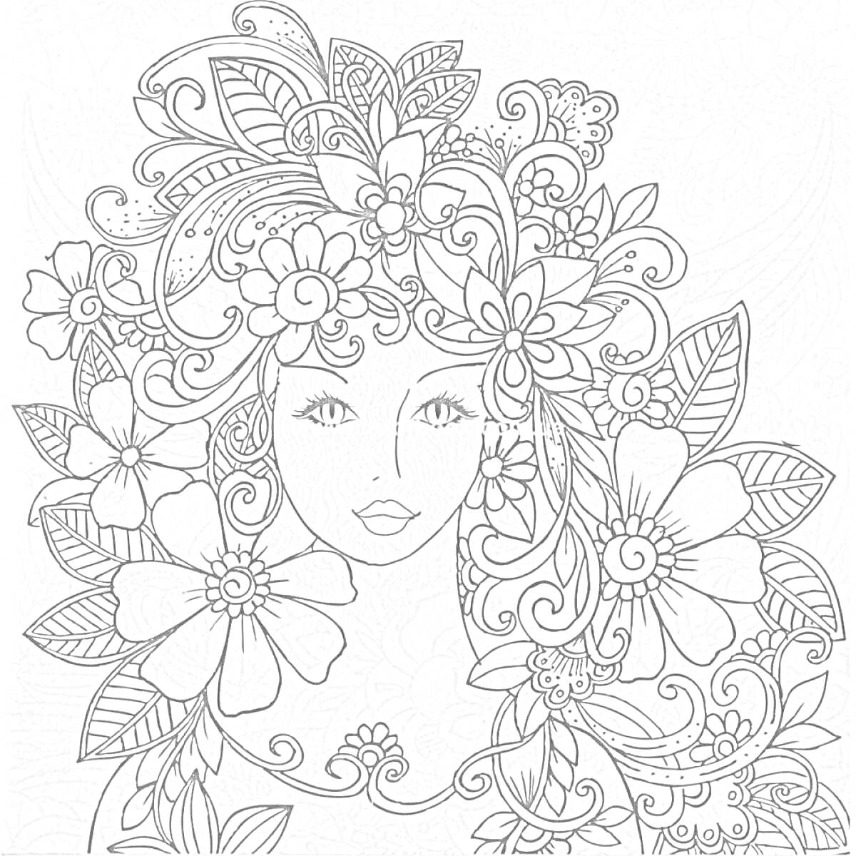 Раскраска Портрет девушки с цветами и листьями в волосах