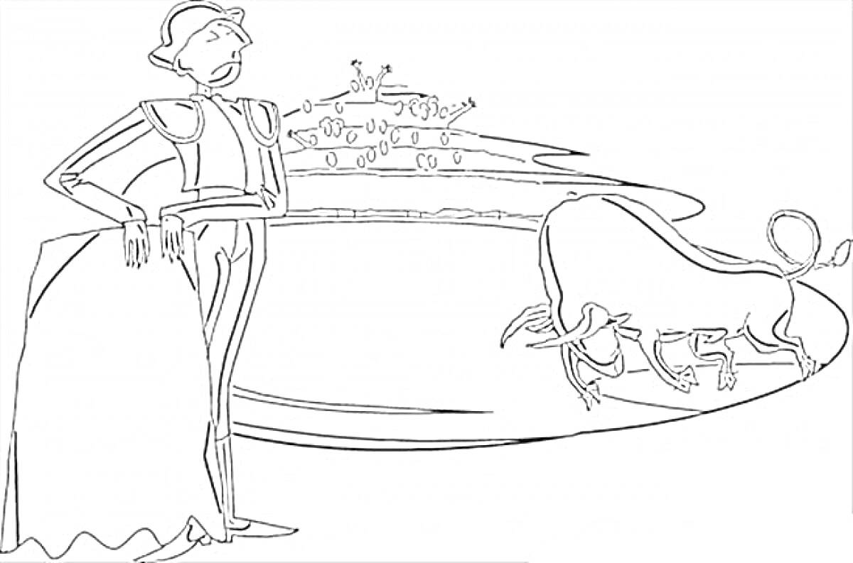 Раскраска Тореро с плащом и бык на арене для корриды