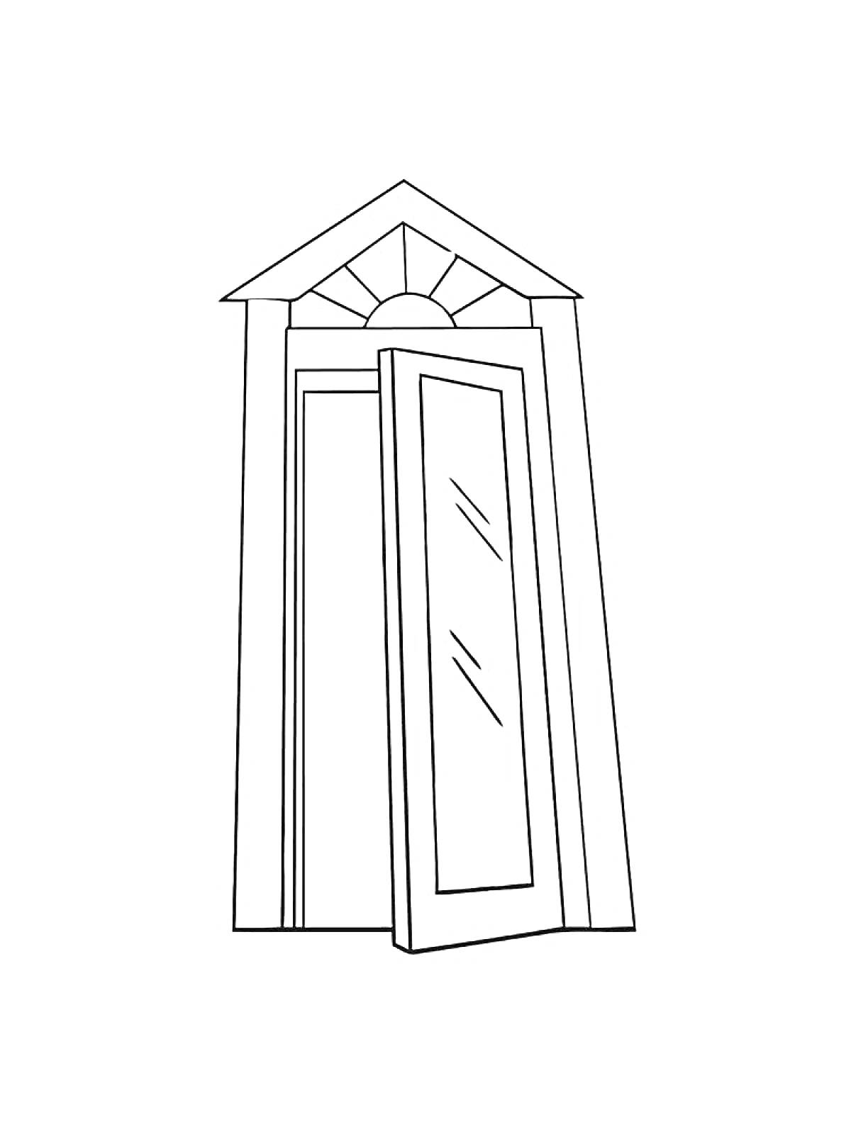 На раскраске изображено: Дверь, Открытая дверь, Окна, Архитектура, Вход