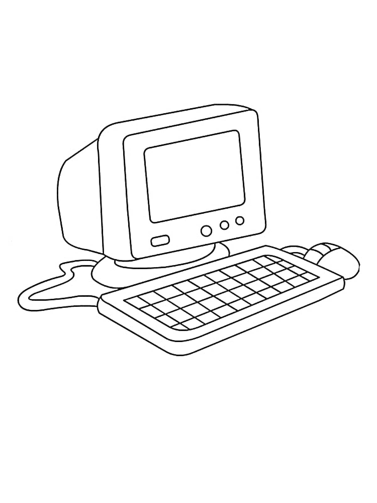 На раскраске изображено: Компьютер, Монитор, Клавиатура, Мышь, Для детей, Техника, Электроника