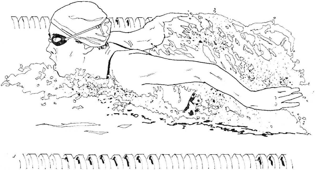 Раскраска Пловец в бассейне плывёт баттерфляем в очках и шапочке